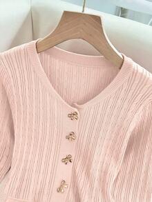 Elegant Chic Minimalistisk Ihålig Rund Hals Långärmad Volang Fållficka Metallisk Rosett Knapp Twist Textur Damtröja, Höst/Vinter - Rosa - Visa 6
