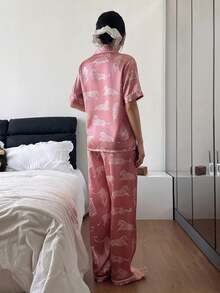 Dream Adore Women's Elegant Leopard Print Lapel Faux Silk 2 Pieces Pajama Set Satin Sleepwear Set - Pink - View 2