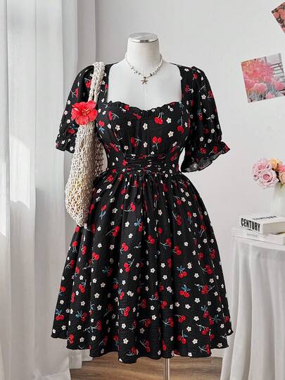 Sweetra Plus Size Women's Casual Cherry Print Sweetheart Neck Waist Cinched Dress, Summer