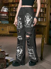 ROMWE Academia All-Over Print Distressed Pocket Fashion Street Denim Jeans