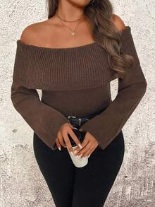 EMERY ROSE 1pc Women Plus Size One-Shoulder Elegant Fitted Sweater - Camel - View 7