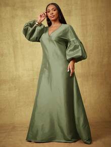 Vixey Váy maxi dài tay bồng bềnh, cổ chữ V, vai trễ, chất liệu taffeta trơn - Màu xanh Ô liu - Xem 5