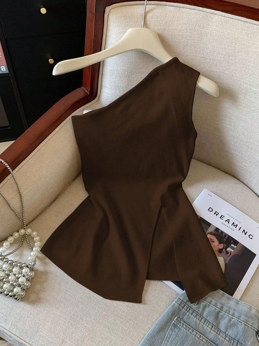 GlowEve 纯色不对称领口开衩优雅通勤上衣，夏季 - 咖啡棕 - 查看 1