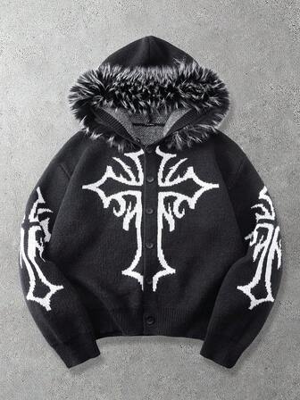 Goth Cardigan à capuche en fausse fourrure avec motif croisé patchwork, style mode de rue pour hommes en automne/hiver