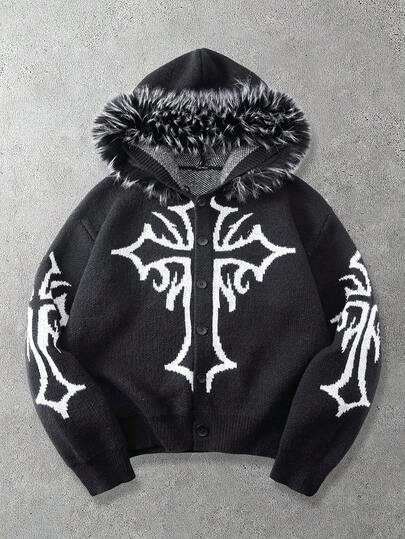 Goth Cardigan da uomo con cappuccio in stile street fashion, con motivo a croce e patchwork, in finta pelliccia, per l'autunno/inverno