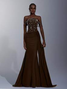 Elitara Váy đuôi cá bandeau kim loại đính đá 3D thủ công sang trọng thanh lịch với eo nhún, vải voan mỏng và chân váy xếp nếp xếp tầng, phù hợp cho những dịp trang trọng, đám cưới, tiệc tùng - Cà phê nâu - Xem 3