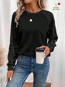 EMERY ROSE Women's Glitter Raglan Long Sleeve Sweatshirt, Suitable For Autumn/Winter - Black - View 7