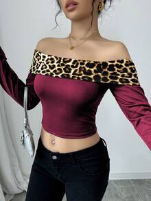 性感露肩撞色豹纹T恤 女款印花猎豹纹T恤 女式上衣 - 酒紅色 - 查看 4