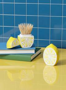 Joivida 1个可爱柠檬/猫咪造型陶瓷收纳罐 - 带盖，可作浴室台面装饰收纳盒，用于收纳棉签、牙线、牙签 - 厨房或浴室装饰 - 柠檬片造型收纳盒，浴室配件，趣味设计，光滑表面，耐用材质，时尚家居之选 - 彩色 - 查看 2