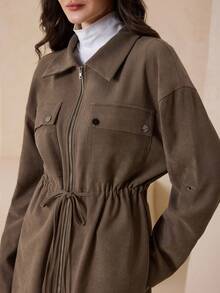 Graceveil Chaqueta casual larga con cremallera frontal, cuello con cordón, cuatro botones, bolsillos cargo y puños de manga de mujer en tela de twill marrón con forro polar - Marrón - Ver 8