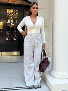 Maria Perezxox 實色束口腰寬腿運動長褲 - 淺灰色 - 查看 3