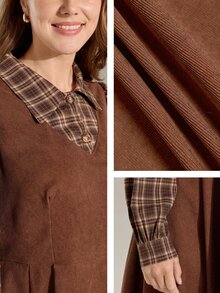 Momelise Plus Size Multicolor Plaid Collar Long Sleeve A Line Knee Length Casual Woven Fabric Dress With Pockets - Multicolor - View 9