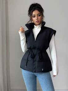 SHEIN Elenzya Women's Casual Lightweight White Down Hooded Cinched Waist Slim Fit Short Sleeve Down Jacket Puffer Vest Fur Thermal Winter Women Vest Cold Weather Clothes Women Outerwear Women Women Jackets - Black - View 3