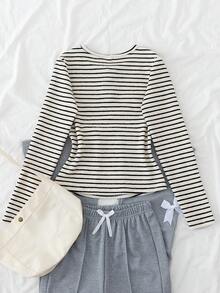 SHEIN Teen Girls T-Shirts Stripe Half Zip Casual Minimalist Knit Long Sleeve - Pink - View 2