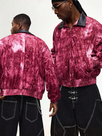 Street Life Veste décontractée à manches longues, col contrasté, avec fermeture éclair et motif tie-dye pour hommes