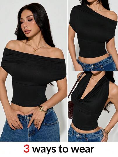 SHEIN PETITE 女士纯色百搭时尚背心，三种穿法：直领、不对称肩部和挂脖式。风格百搭，可打造休闲、优雅和性感造型。适合日常穿着、约会和各种场合。