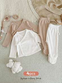 Cozy Pixies Newborn Baby Boy/Girl 4pcs Set: Solid Color Knit Soft Crew Neck Long Sleeve Top & Elastic Waist Pants - Multicolor - View 3