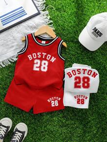 SHEIN 4件套男婴夏季可爱休闲运动篮球服，字母印花背心和短裤套装，男婴背心套装，男婴篮球服套装，2T男婴篮球服套装 - 紅白色 - 查看 6