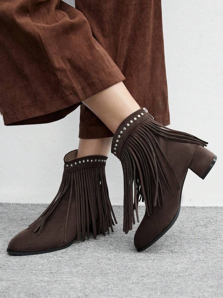 CUCCOO BIZCHIC Women's Fashionable Vintage Western Style Fringe Decor Chunky High Heel Ankle Boots For Christmas