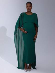 Cheriluna Maternity Solid Color Long Maternity Dress With Shawl Sleeves, Green Pleated - Green - View 5