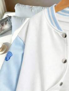 Sparklyn Tween Girls' Casual Fashion Bowknot Cartoon Print Contrast Color Baseball Jacket, Spring/Autumn