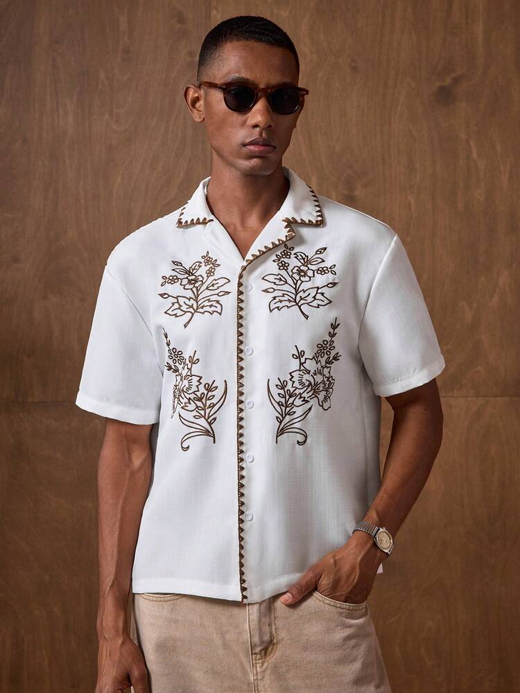 Men's Navy Blue & Brown Floral Embroidered Slim Fit Short Sleeve Polo Shirt, Suitable For Summer, Autumn, Vacation, Casual, Party, Couple, Men's Gift