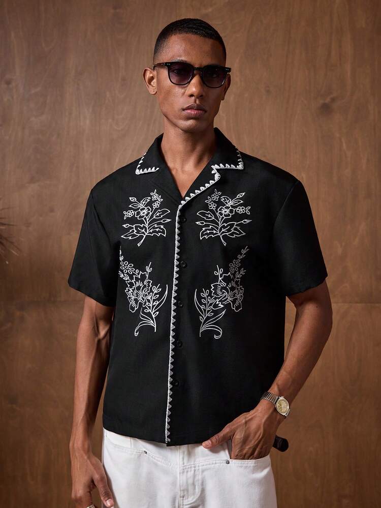 Men's Navy Blue & Brown Floral Embroidered Slim Fit Short Sleeve Polo Shirt, Suitable For Summer, Autumn, Vacation, Daily Wear, Party, Couple Matching, Men's Gift
