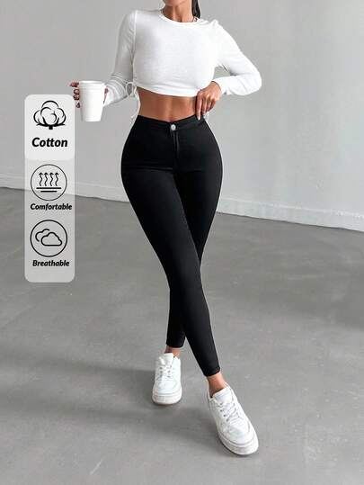 SHEIN Black Skinny Fit Denim Jeans For Women Comfortable Cotton Blend Breathable Long Zipper Style