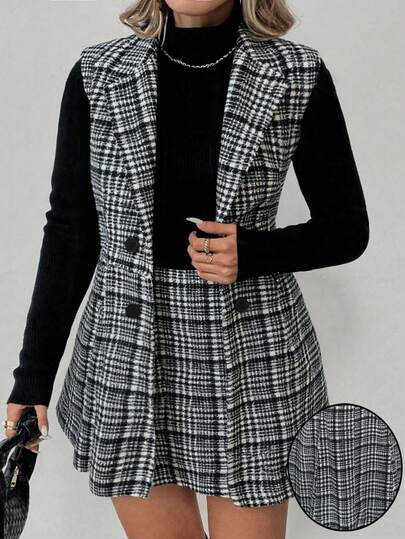 Juhart Plus Size Women Plaid Pattern Vest + A-Line Midi Skirt 2 Piece Set, Elegant For Daily Commute
