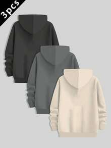 Manfinity Hypemode 3件装男士休闲长袖连帽卫衣，微弹针织涤纶面料，常规版型，新款时尚男士保暖连帽衫，秋冬服装 - 黑色 - 查看 2