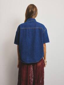 Aralina Damen Lässig Sommer Jeans Boxy Passform Kurzarm Hemd mit Druckknopfverschluss, perfekt für Weihnachtspartys, Silvesterpartys und Ausgehabende Outfits - Dunkle Waschung - Übersicht 2