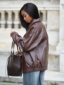 Mima John 秋冬拉链落肩PU厚皮夹克