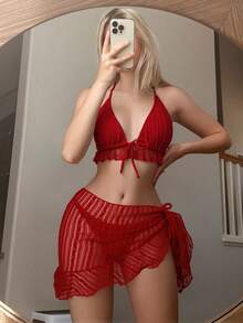 Swim Mod Women's Sexy Lace Backless Halter Bikini Set With Cover Up Skirt 3-Piece Bikini Set Set, Beach Holiday Style Red Two Piece Sexy Skirt Set Red High Waisted Bikini Red Sexy Outfit Red Skirt Set - Red - View 3