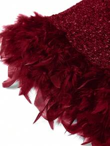 Ellevyn Plus Size Summer Fashion Sequin Patchwork Feather Hem Dress - Burgundy - View 9