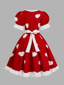 Sweetra Plus Size Heart & Diamond Decor Square Neck Short Sleeve Patchwork Ruffle Hem A-Line Belted Dress - Multicolor - View 2