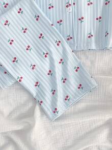 SHEIN Vintaside Kids Tween Girls Blue Ribbed Long Sleeve Button Up Two Piece Pajama Set With Cherry Pattern - Blue - View 6