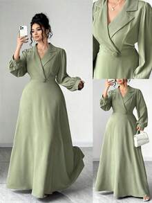 Elenzga Đầm maxi chữ A thắt eo, cổ chữ V, cài nút màu xanh lá cây cỡ lớn dành cho nữ, thích hợp cho các dịp trở lại trường, tốt nghiệp, ngày lễ tình nhân, lễ hội âm nhạc, ngày của mẹ, lễ Halloween, lễ tạ ơn, lễ Phục sinh, ngày quốc khánh, vũ hội, tiệc hẹn hò, mùa cưới - xanh quân đội - Xem 1