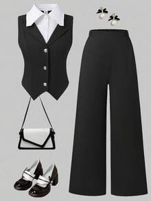 Sparklyn Teen GirlElegant Commuter Urban College Contrast Collar Cardigan + Suit Pants Top Set - Black - View 6
