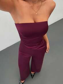 SHEIN PETITE Completo elegante da pendolare in raso bordeaux con orlo asimmetrico e top a tubo, pantaloni ampi e semplici. Completo elegante, nuovo abbigliamento da donna per l'anno nuovo, set elegante da donna, set bordeaux, tailleur marrone, outfit da festa, abiti natalizi, look autunnale da donna, adatto per primavera/estate, San Valentino, banchetti, appuntamenti - Bordò - Visualizzare 7