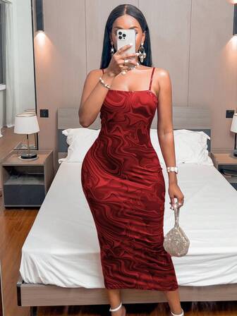 Xyvia Vestido de Body ceñido con estampado de mármol para ropa de Año Nuevo, vestido largo para mujer