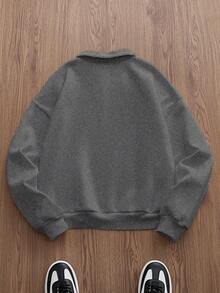 SWAVVY Áo nỉ dài tay lót nhiệt dáng rộng dệt kim thoải mái cho nam, mùa thu/đông - Màu xám đen - Xem 3