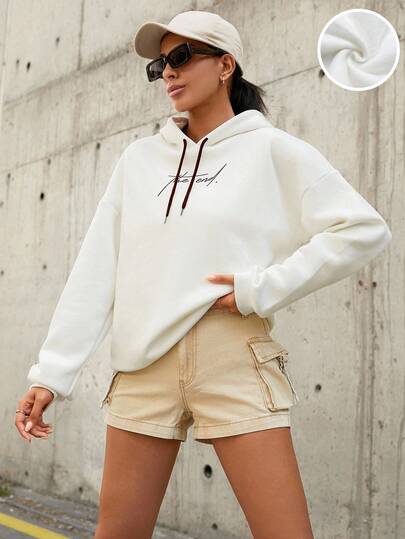 EURMUSE 100%Cotton Letter Graphic Drop Shoulder Drawstring Hoodie