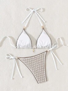 Vaytide 女士纯色透明面料镂空贝壳和珍珠细节性感三角形手提包 - 咖啡棕 - 查看 5