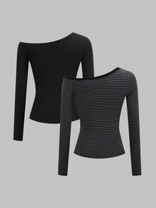 StreetHx 2pcs Asymmetric-Shoulder Long Sleeve T-Shirt, Punk Rock Striped Black - Multicolor - View 2