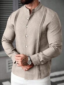 Manfinity CasualCool 男士纯色前开襟立领长袖衬衫 - 杏色 - 查看 5