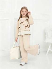 Genkimix Kids 2 peças/Conjunto Moletom Floral Cinza de Ajuste Folgado Estilo Coreano para Meninas com Decoração de Laço - Damasco - Visão 3