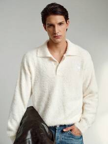 RONVEXI Men's Solid Color Minimalist Casual Long Sleeve Sweater Cream Men Sweater Polo Men Buttoned Knitted Polo Beach For Men White Cream Beige - Apricot - View 4