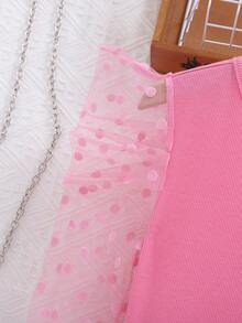 Young Girl Solid Color Round Neck Contrast Mesh Gigot Sleeve Casual T-Shirt, Pink Tops For Kids, Pink Tops For Girls, Pink Long Sleeve Shirt For Girls, Girls Shirts With Puffy Arms - Pink - View 4