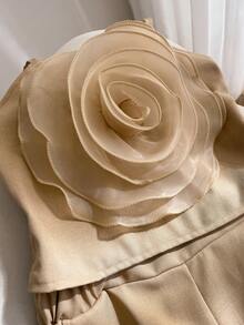 Elladie kids 2pcs/Set Girls Adjustable Strap Floral Decor Camisole Top And Straight Leg Khaki Pants Casual Suit, Elegant & Fashionable For Summer Vacation - Khaki - View 4