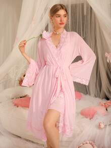 DelicateAllure Bộ đồ ngủ phòng ngủ trưởng thành thêu ren thanh lịch, bộ đồ ngủ 2 món quyến rũ dành cho nữ - Màu Hồng baby - Xem 3